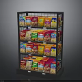 Multi Tiered Grid Retail Display Shelf With Colorful Cereal Boxes And Grocery Products