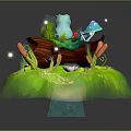 Cartoon Frog Sitting On Green Grassy Hill With Small Stream Glowing Lights And Colorful Mushrooms