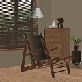 Wooden Leisure Chair In Living Room With Chest Of Drawers Window Blinds And Potted Plant