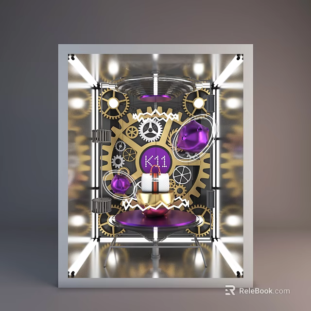 Window Display Featuring Golden Gears Purple Gemstones And Kit Logo With Lighting 3d model 