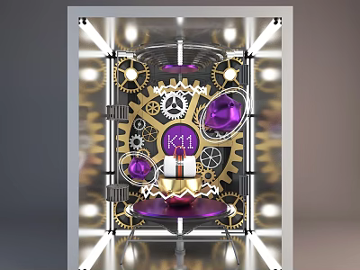 Window Display Featuring Golden Gears Purple Gemstones And Kit Logo With Lighting 3d model