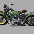 Green Vintage Motorcycle with Yellow Wheels Brown Seat and Chrome Engine