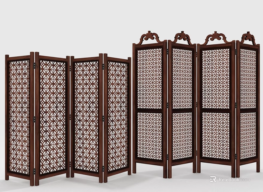 Traditional Wooden Room Divider With Intricate Carved Patterns And Folding Panels 3d model 