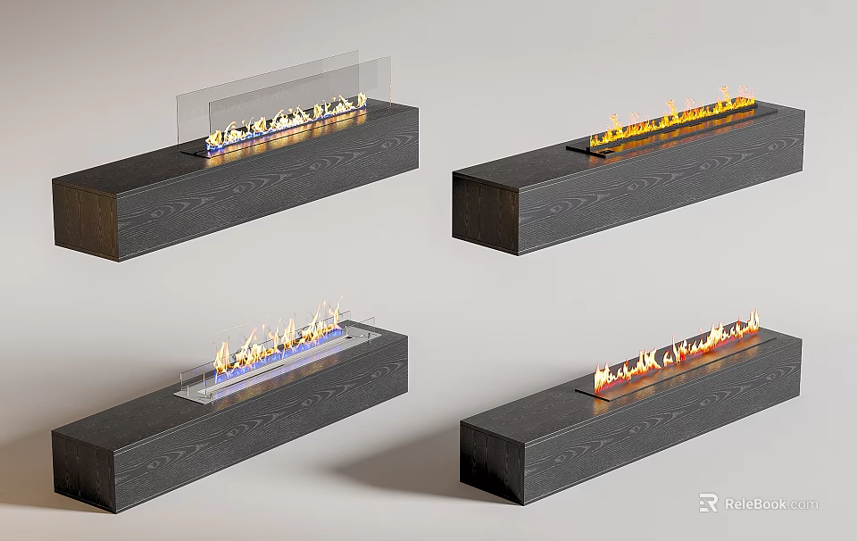 Modern Linear Fireplace Designs With Black Base Glass Front And Realistic Flame Effects 3d model 