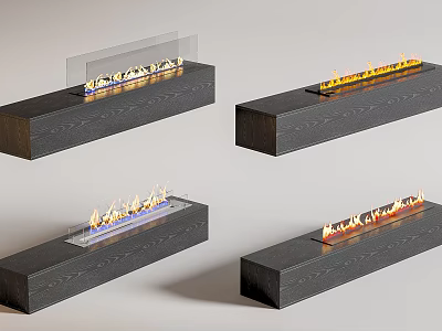 Modern Linear Fireplace Designs With Black Base Glass Front And Realistic Flame Effects 3d model