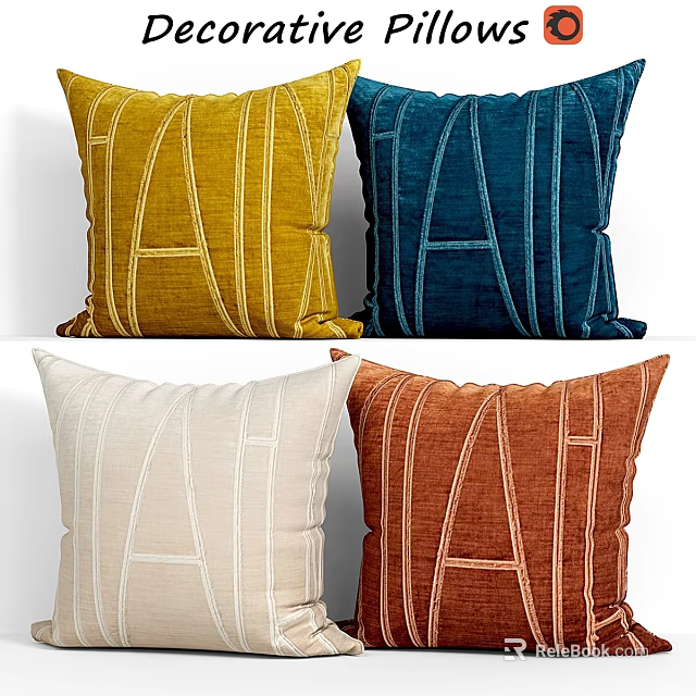 Vibrant Decorative Pillows With Yellow Blue Beige Orange Tones And Letter A Pattern 3d model 