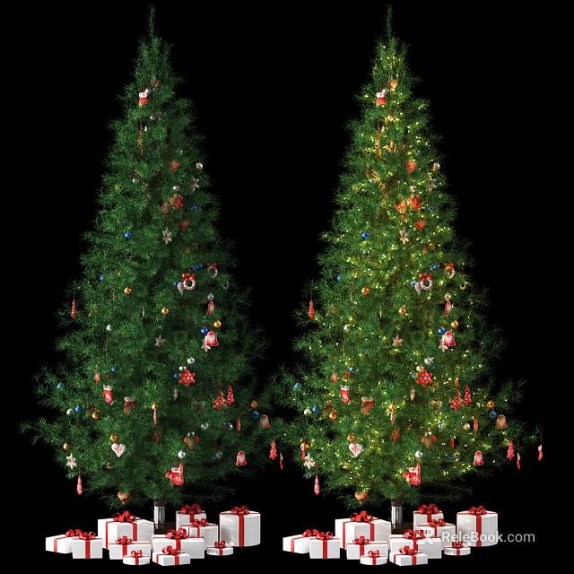 Two Decorated Evergreen Arbor Trees With Colorful Ornaments And Festive Lights 3d model 