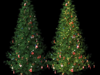 Two Decorated Evergreen Arbor Trees With Colorful Ornaments And Festive Lights 3d model