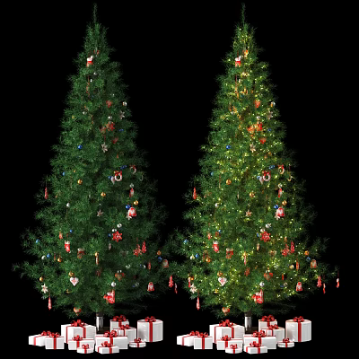 Two Decorated Evergreen Arbor Trees With Colorful Ornaments And Festive Lights 3d model
