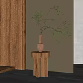 Ceramic Vase with Green Leaves on Wooden Pedestal against Neutral Wall Minimalist Home Decor