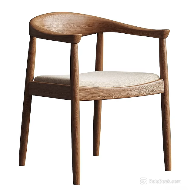 Modern Single Chair With Oak Wood Frame Beige Upholstered Seat And Armrests 3d model 