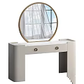 Modern Beige Dressing Table Featuring Gold Frame Round Mirror Reflecting Window View And Drawers 3d model