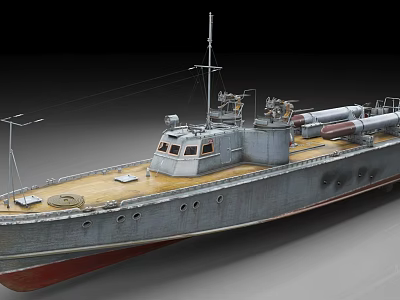 Scale Warship Model Featuring Wooden Deck Cannons Antennas And Gray Hull 3d model