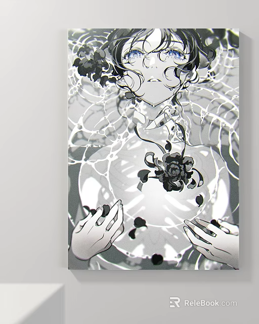 Black and White Abstract Painting With Female Figure Hands Rose And Water Droplet Patterns 3d model 