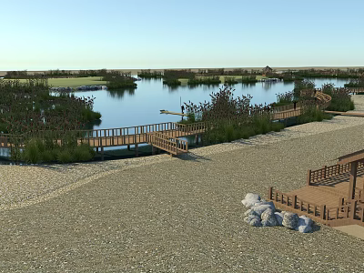 Serene Lakeside Scenery With Wooden Boardwalk Gravel Ground And Lush Vegetation 3d model