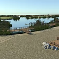 Serene Lakeside Scenery With Wooden Boardwalk Gravel Ground And Lush Vegetation