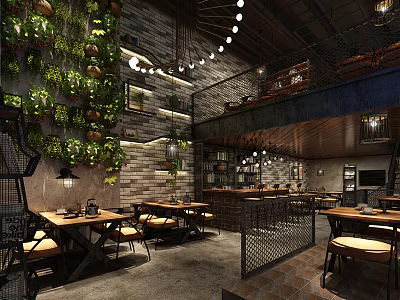 Rustic Restaurant Interior Featuring Green Plant Wall Brick Hanging Lights Dining Tables Two Story Design 3d model