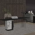 Modern Study Room Interior With Dark Wooden Walls Black Desk Marble Base And Green Plant