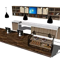 Modern Wooden Reception Desk With Hanging Lights Shelves And Computer Monitors