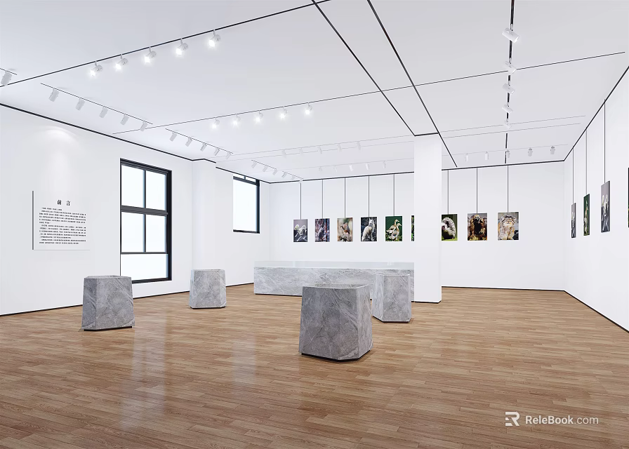 Modern Exhibition Hall With White Walls Wooden Floors Hanging Paintings And Gray Stone Display Stands 3d model 