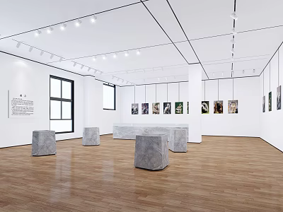 Modern Exhibition Hall With White Walls Wooden Floors Hanging Paintings And Gray Stone Display Stands 3d model