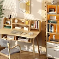 Bright Wooden Desk With Sunlight Potted Plant Shelf And Decorative Artwork