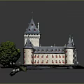 Historic Castle Architecture With Multiple Towers Spires Green Trees And Lush Lawn