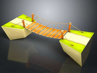 3D Suspension Bridge Structure With Orange Wooden Planks White Piers And Green Grass 3d model