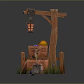 Rustic Wooden Lantern Hanging On Pole Over Stacked Crates With Items And Grass Flowers