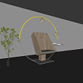 Modern Leisure Chair With Wooden Geometric Backrest Gray Cushion Circular LED Light And Green Plant