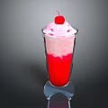 Red Milkshake With Cream Layer And Cherry Topping In Tall Glass