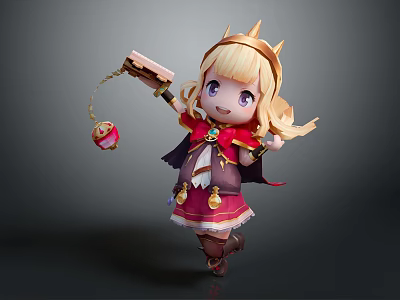 Chibi Game Movie Character With Blonde Hair Crown Red Cape Pink Dress Holding Magic Orb 3d model
