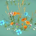 Cartoon Scene With Orange Blue Pink White Flowers And Green Leaves On Light Green Background