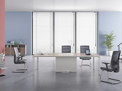 Modern Office Interior With Blue And Pink Walls Large Windows Long Desk And Green Plant 3d model