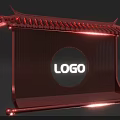 Red Chinese Style Decorative Structure With Eaves Roof And Circular LOGO Area