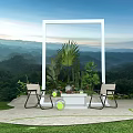 Outdoor Interactive Area With White Frame Chairs Small Table Plants And Mountain View