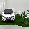 Display Shelves Showcasing White SUV With Green Plants And Lawn Setup