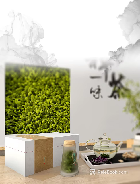 Ornamental Decor Set with Green Moss Calligraphy Tea Set on White Display Stand 3d model 