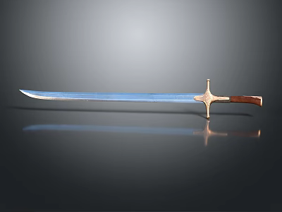 Shiny Medieval Sword With Metal Blade Golden Hilt Wooden Handle And Reflection On Dark Background 3d model