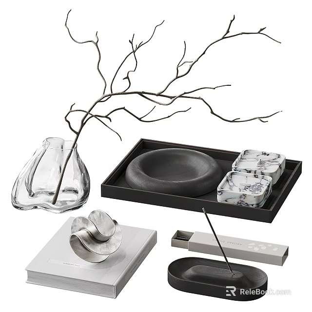 Decorative Ornament Set With Glass Vase Twigs Black Tray Bowl Patterned Boxes And Silver Ornament 3d model 