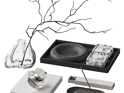 Decorative Ornament Set With Glass Vase Twigs Black Tray Bowl Patterned Boxes And Silver Ornament 3d model