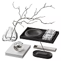 Decorative Ornament Set With Glass Vase Twigs Black Tray Bowl Patterned Boxes And Silver Ornament