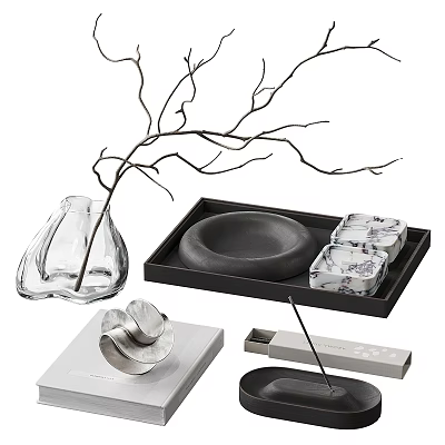 Decorative Ornament Set With Glass Vase Twigs Black Tray Bowl Patterned Boxes And Silver Ornament 3d model