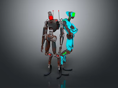 Two Robots Standing With Rusty And Blue Glowing Designs Red Green Lights Mechanical Structures 3d model