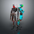 Two Robots Standing With Rusty And Blue Glowing Designs Red Green Lights Mechanical Structures 3d model