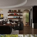 Warm Retro Open Plan Living And Dining Room Interior With Black Leather Sofas And Bookshelves