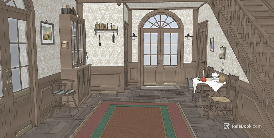 Vintage Style Elevator Hallway With Wooden Decor Arched Door Windows Wall Lamps And Rug 3d model 