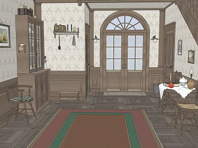 Vintage Style Elevator Hallway With Wooden Decor Arched Door Windows Wall Lamps And Rug 3d model