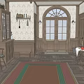 Vintage Style Elevator Hallway With Wooden Decor Arched Door Windows Wall Lamps And Rug