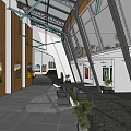 Spacious Indoor Hall Interior Design With Wooden Walls Glass Skylights Artworks Stairs And Green Plants